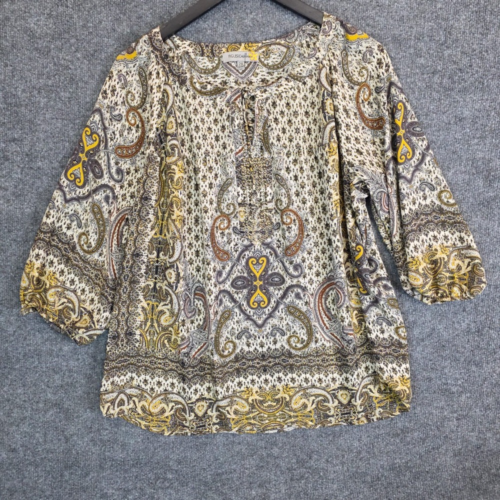 Figueroa & Flower Blouse Womens 2X Yellow Paisley Studded Tie Neck 3/4‎ Sleeve